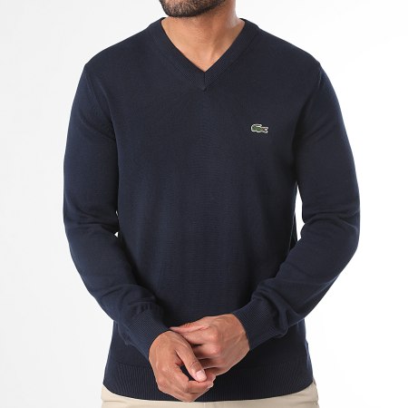 Lacoste - Pull Col V Logo Brodé Crocodile Regular Fit Bleu Marine