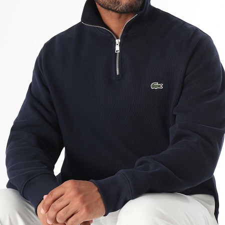 Pull Col Zippe Logo Brode Crocodile Bleu Marine