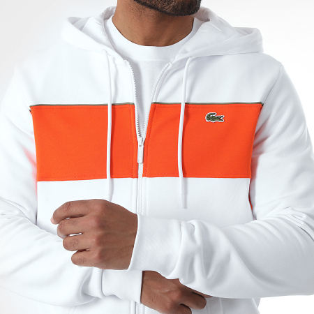 Lacoste - Sweat Zippé Capuche Bicolore Logo Brodé Crocodile Classic Fit Blanc Orange