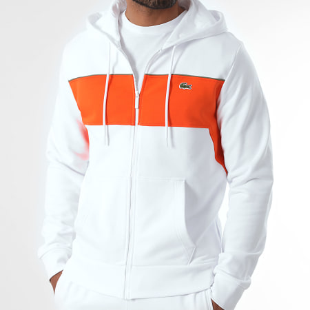 Lacoste - Sweat Zippé Capuche Bicolore Logo Brodé Crocodile Classic Fit Blanc Orange