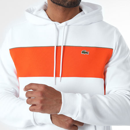 Lacoste - Sudadera con capucha bicolor Logotipo bordado Cocodrilo Ajuste clásico Blanco Naranja