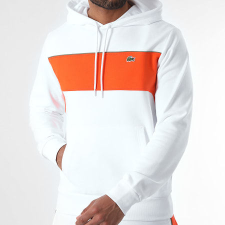 Lacoste - Sudadera con capucha bicolor Logotipo bordado Cocodrilo Ajuste clásico Blanco Naranja