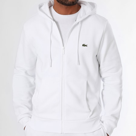 Lacoste - Sweat Zippé Capuche Logo Brodé Crocodile Classic Fit Logo Blanc