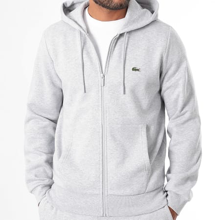 Lacoste - Sweat Zippé Capuche Logo Brodé Crocodile Classic Fit Gris Chiné