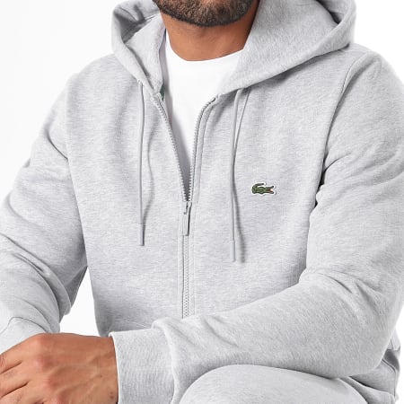 Lacoste - Sweat Zippé Capuche Logo Brodé Crocodile Classic Fit Gris Chiné
