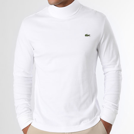 Lacoste - Pull Col Roulé Logo Brodé Crocodile Blanc