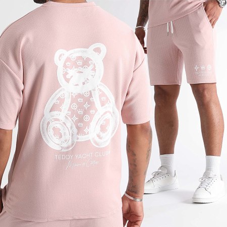 Teddy Yacht Club - Ensemble Tee Shirt Et Short Waffle Maison De Couture Rush Rose Blanc