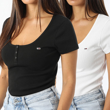 Tommy Jeans - Set di 2 camicie Henley SS a costine da donna 7882 bianco nero