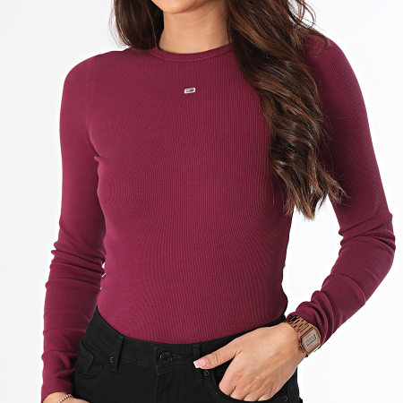 Tommy Jeans - Dameshemd Essential Rib 7387 Plum Slim met lange mouwen