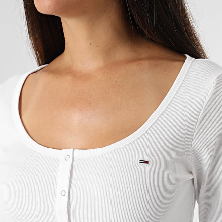 Tommy Jeans - Tee Shirt Manches Longues Slim Femme Button 8431 Blanc