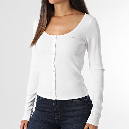 Tommy Jeans - Tee Shirt Manches Longues Slim Femme Button 8431 Blanc