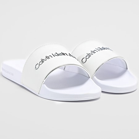 Calvin Klein - Claquettes Femme Slide Instituitional 1508 Bright White Silver