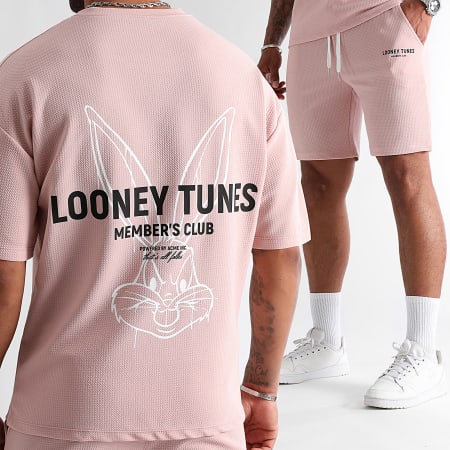 Looney Tunes - Ensemble Tee Shirt Et Short Waffle Summer Bugs Bunny Rose Blanc