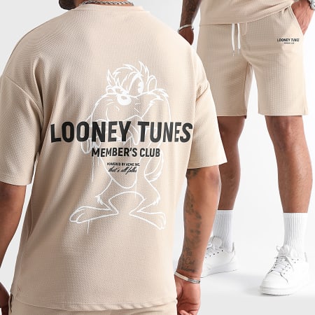 Looney Tunes - Conjunto de camiseta y pantalón corto de verano Taz Beige Blanco
