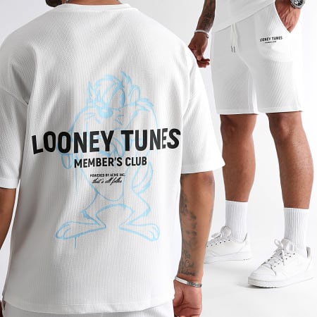 Looney Tunes - Ensemble Tee Shirt Et Short Waffle Summer Taz Blanc Bleu Clair