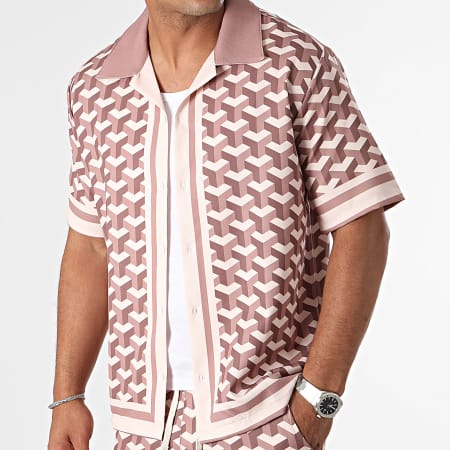 KZR - Camicia a maniche corte e pantaloncini da jogging marrone e rosa