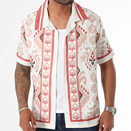 KZR - Camisa Manga Corta Beige Marrón Claro Rojo Ladrillo