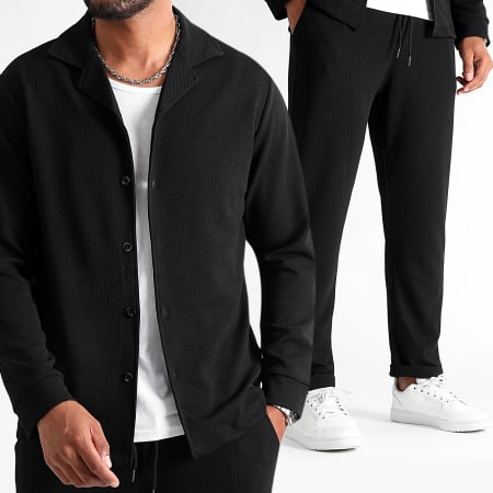 LBO - Conjunto de camisa negra de manga larga y pantalón texturizado Waffle 1389