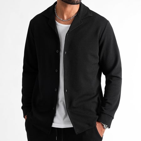LBO - Conjunto de camisa negra de manga larga y pantalón texturizado Waffle 1389