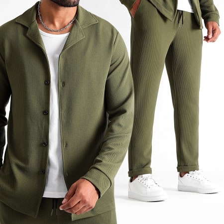 Ensemble Chemise Manches Longues Et Pantalon Texture Waffle 1391 Vert Kaki