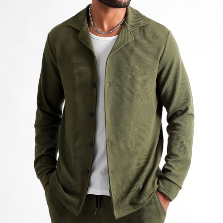 LBO - Ensemble Chemise Manches Longues Et Pantalon Texturé Waffle 1391 Vert Kaki