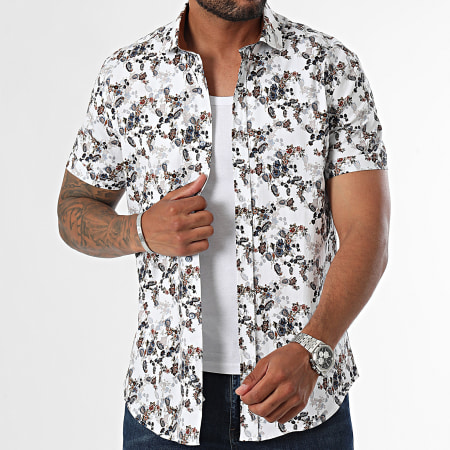 Classic Series - Blanco Marrón Azul Marino Floral Camisa Manga Corta