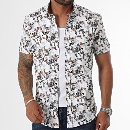 Classic Series - Blanco Marrón Azul Marino Floral Camisa Manga Corta