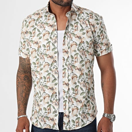 Classic Series - Korte mouwen shirt wit beige groen gebloemd