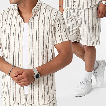 Classic Series - Conjunto de camisa de manga corta beige marrón y pantalón corto de jogging