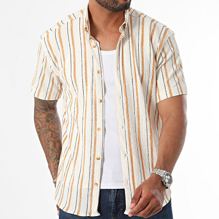 Classic Series - Beige Naranja Negro Camisa de rayas de manga corta