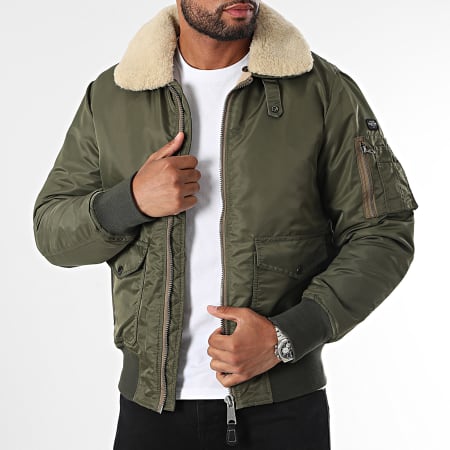 Schott NYC - Chaqueta bomber con cuello de piel verde caqui de Oharars