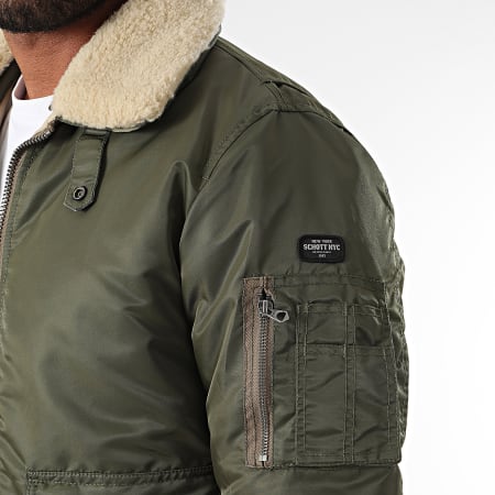 Schott NYC - Chaqueta bomber con cuello de piel verde caqui de Oharars