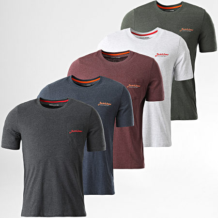 Jack And Jones - Lot De 5 Tee Shirts Erik Bleu Marine Vert Bordeaux Gris Clair Gris Anthracite