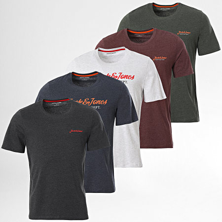 Jack And Jones - Set van 5 Erik T-shirts Bordeaux Groen Marine Licht Grijs Houtskool Grijs