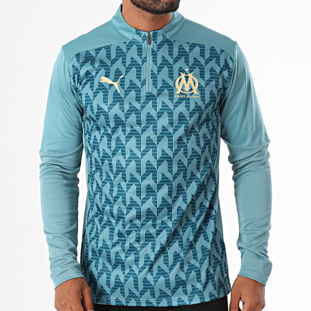 Puma - Tee Shirt Manches Longues Col Zippé OM Prematch 778242 Bleu Clair Vert Doré