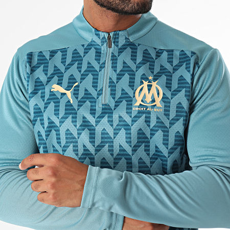 Puma - Tee Shirt Manches Longues Col Zippé OM Prematch 778242 Bleu Clair Vert Doré