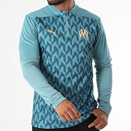 Puma - Tee Shirt Manica lunga con collo a zip OM Prematch 778242 Azzurro Verde Oro