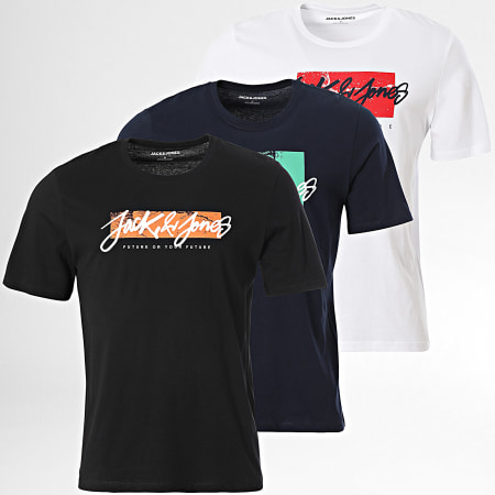 Jack And Jones - Lot De 3 Tee Shirts Tiley Bleu Marine Blanc Noir