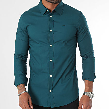 Tommy Jeans - Camisa de manga larga Slim Fit Original Stretch Azul petróleo