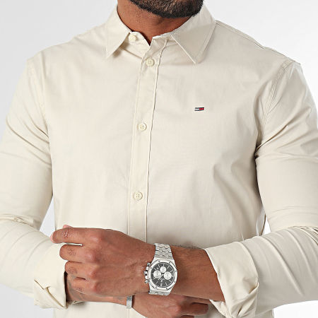 Tommy Jeans - Camisa de manga larga Slim Fit Original Stretch Beige