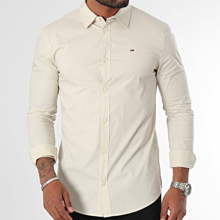 Tommy Jeans - Camisa de manga larga Slim Fit Original Stretch Beige