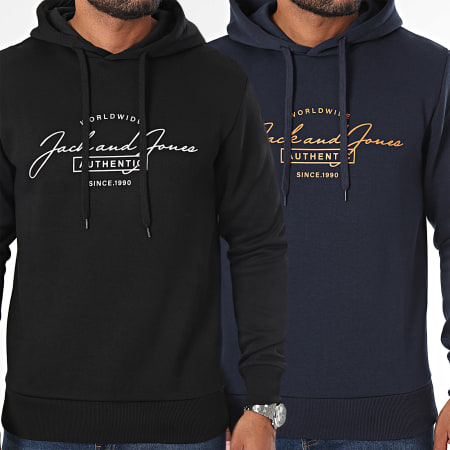 Jack And Jones - Set di 2 felpe con cappuccio Ferris nere e blu