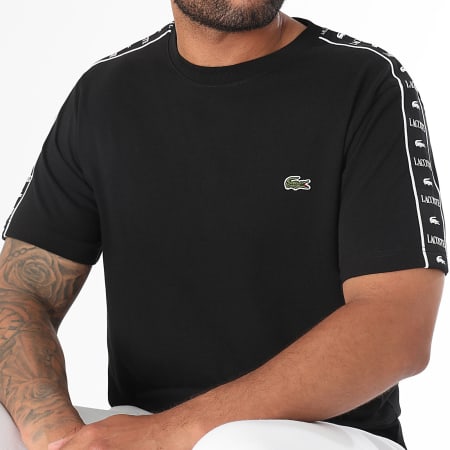 Lacoste - Tee Shirt A Bandes Logo Brodé Crocodile Regular Fit Noir