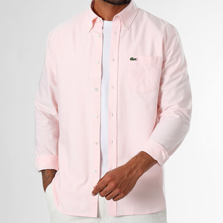 Lacoste - Camicia a maniche lunghe con tasca ricamata con logo coccodrillo, vestibilità regolare Rosa