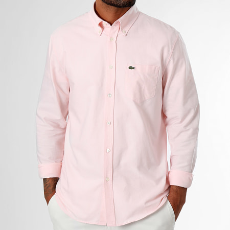 Lacoste - Camicia a maniche lunghe con tasca ricamata con logo coccodrillo, vestibilità regolare Rosa