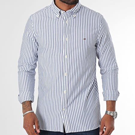 Tommy Hilfiger - Camicia a maniche lunghe in popeline classico a righe bianco blu navy