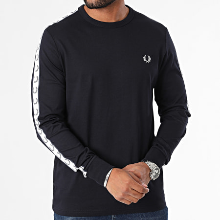 Fred Perry - Tee Shirt Manches Longues A Bandes Taped M4621 Bleu Marine