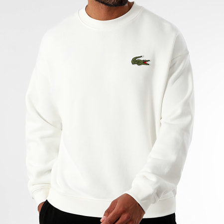 Lacoste Sweat Crewneck Loose Fit Logo Brode Crocodile Blanc LaBoutiqueOfficielle
