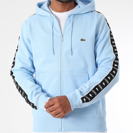 Lacoste - Sweat Zippé Capuche A Bandes Logo Brodé Crocodile Bleu Clair