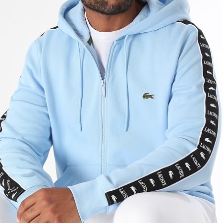 Lacoste - Sweat Zippé Capuche A Bandes Logo Brodé Crocodile Bleu Clair